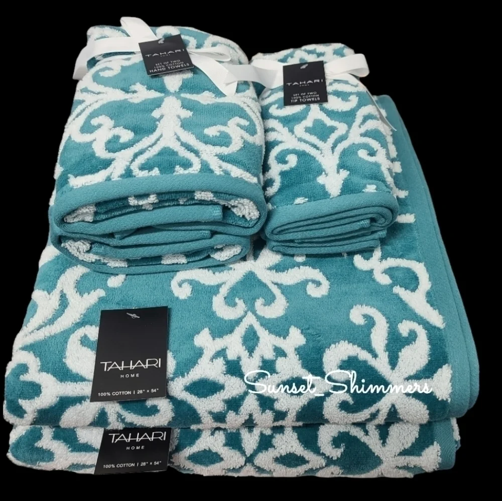 6 Piece Tahari Luxury Plush Damask Jacquard Scroll Bath Hand Tip Towel Set NEW